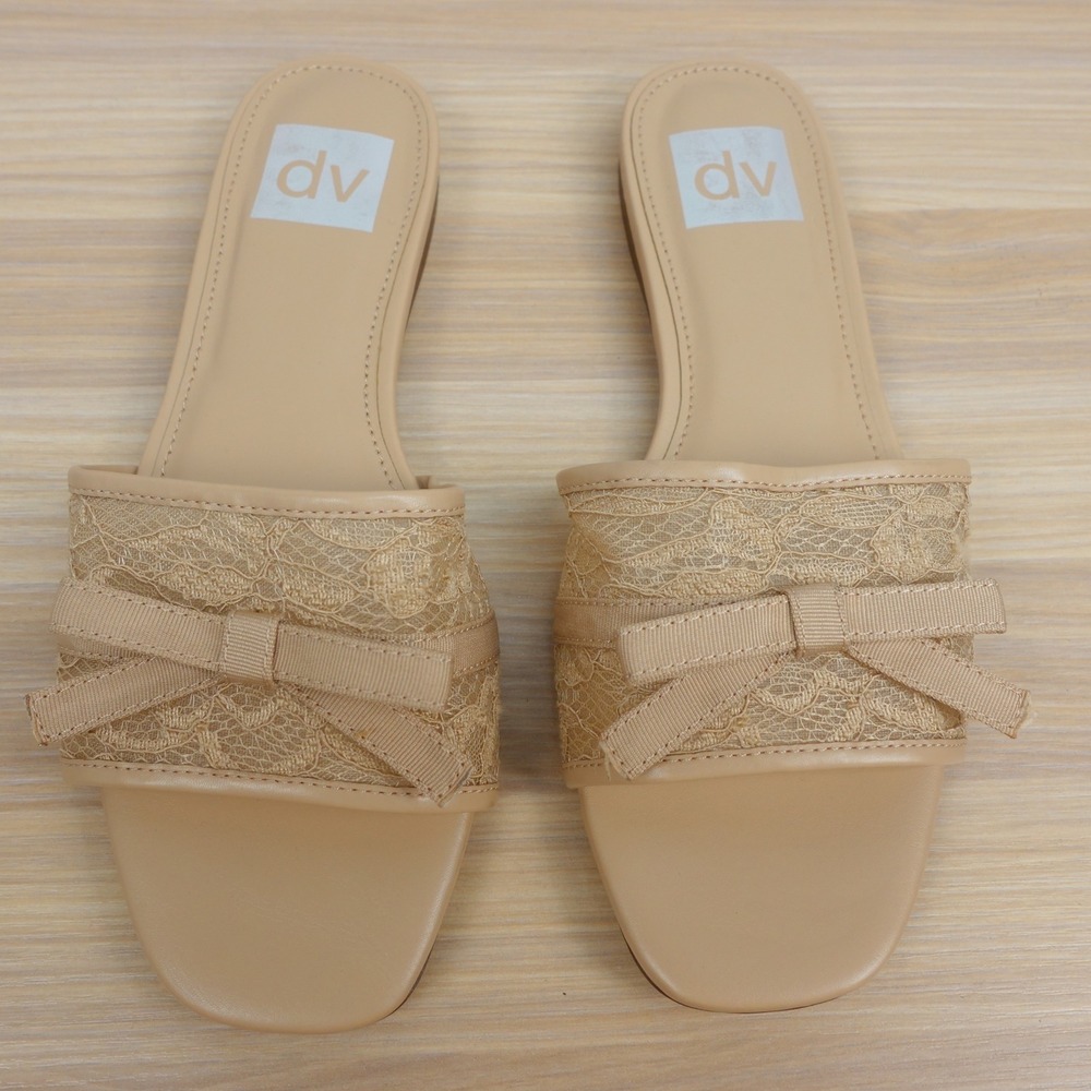 Boho Coquette Mesh Flat Sandals Womens 6 Latte Bow Summer Slides DV Dolce Vita